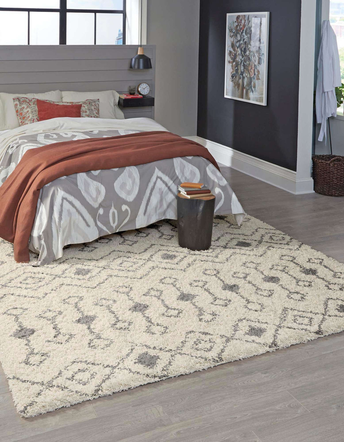 Quadratisch Hochflorteppich Moroccan Trellis Shag in Elfenbein von Hadorn™ - Lifestyle Image